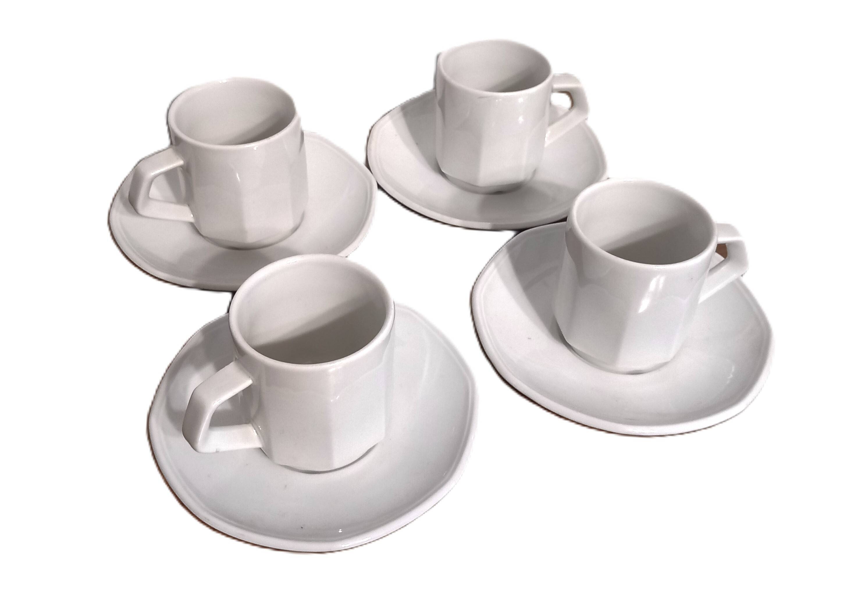 Set of 4 white porcelain cups from Apilco + saucers