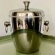 Vintage silver-plated ice bucket with lid and handles.