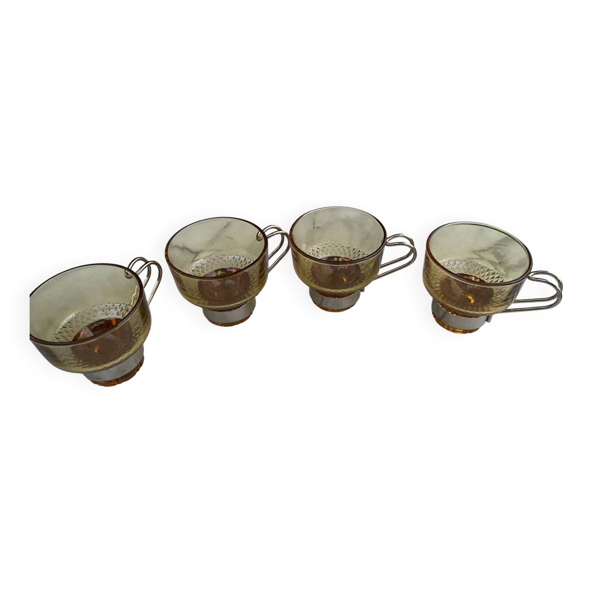Set of 4 vintage amber glass and chrome metal cups – 1970s
