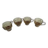 Lot de 4 tasses vintage en verre ambré et métal chromé – Années 70