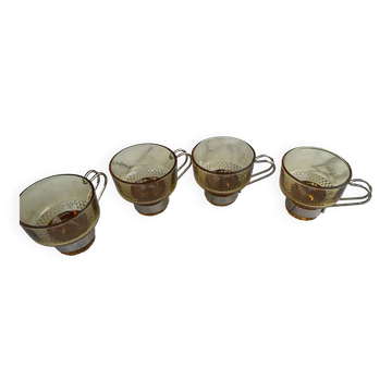Lot de 4 tasses vintage en verre ambré et métal chromé – Années 70