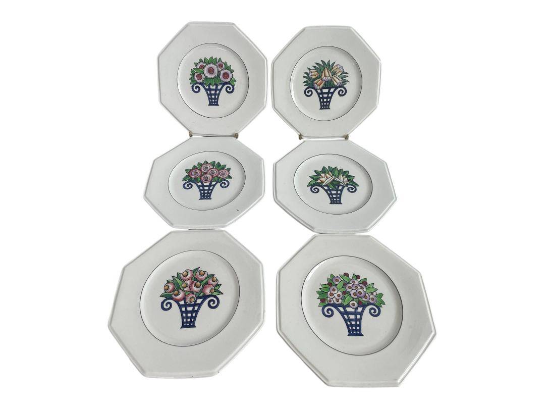 Longwy Service of 6 Octagonal Plates, 1927–1928, Art Deco, stamped