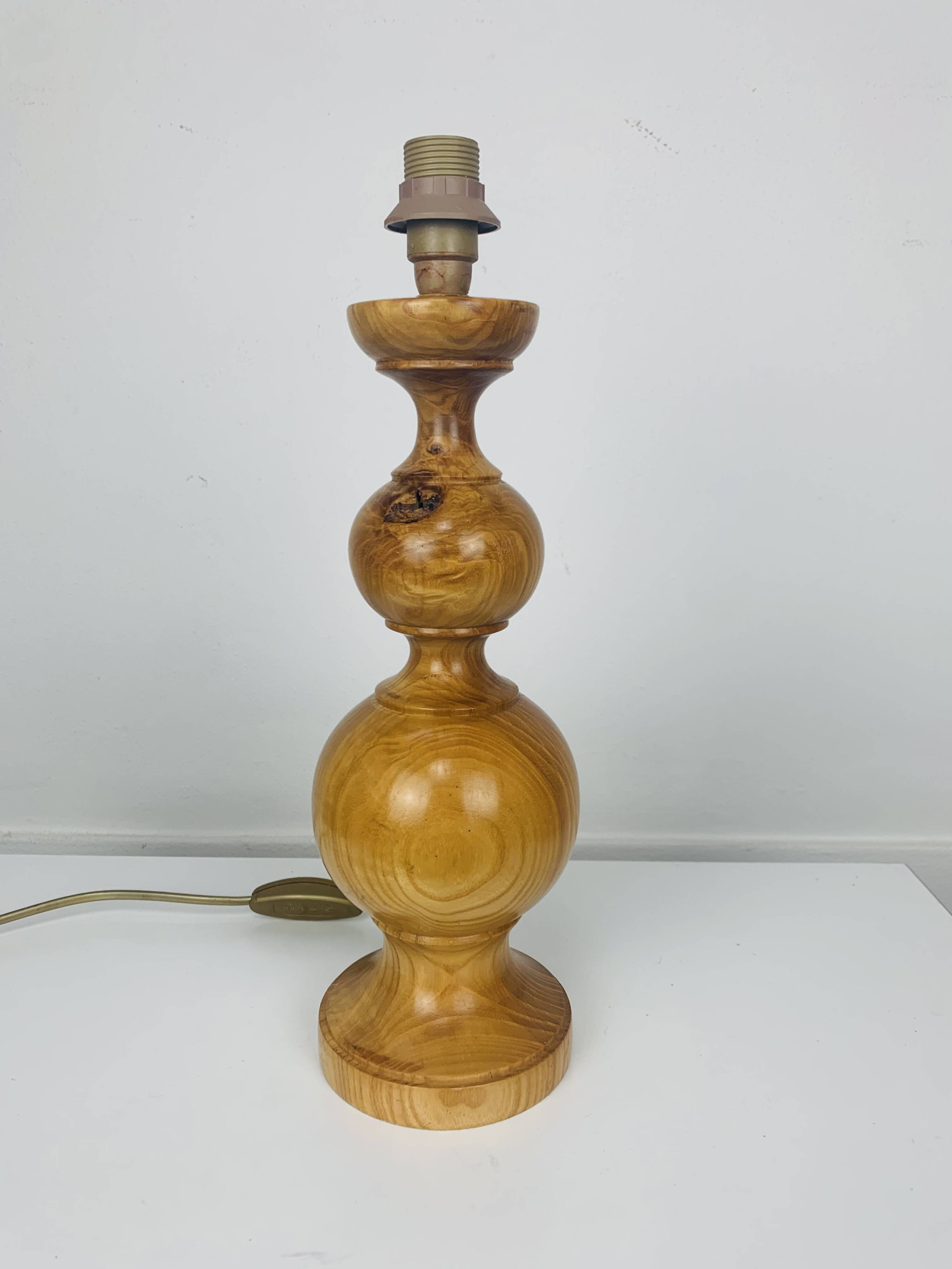 Turned wood lamp and vintage wool lampshade