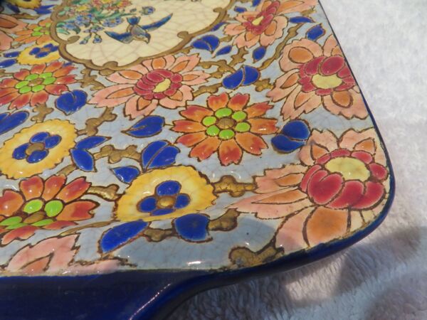 Plat à cake émaux de longwy style art deco décor oiseaux fond bleu clair