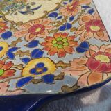 Plat à cake émaux de longwy style art deco décor oiseaux fond bleu clair