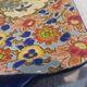 Longwy enamel cake dish, art deco style, bird decor, light blue background