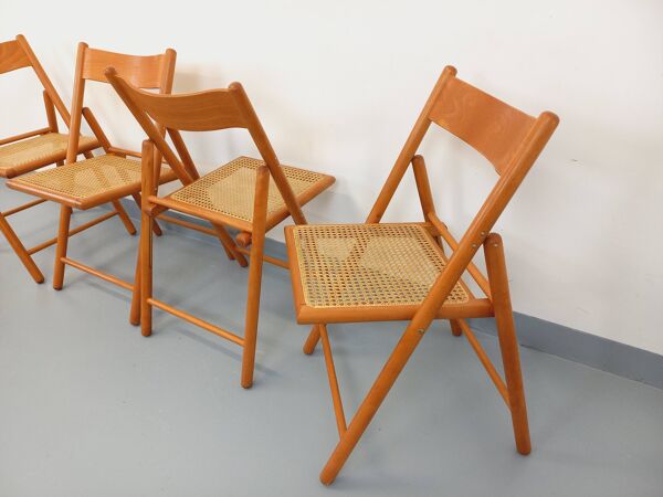 Suite de 4 chaises pliantes Habitat vintage en bois de hêtre et cannage
