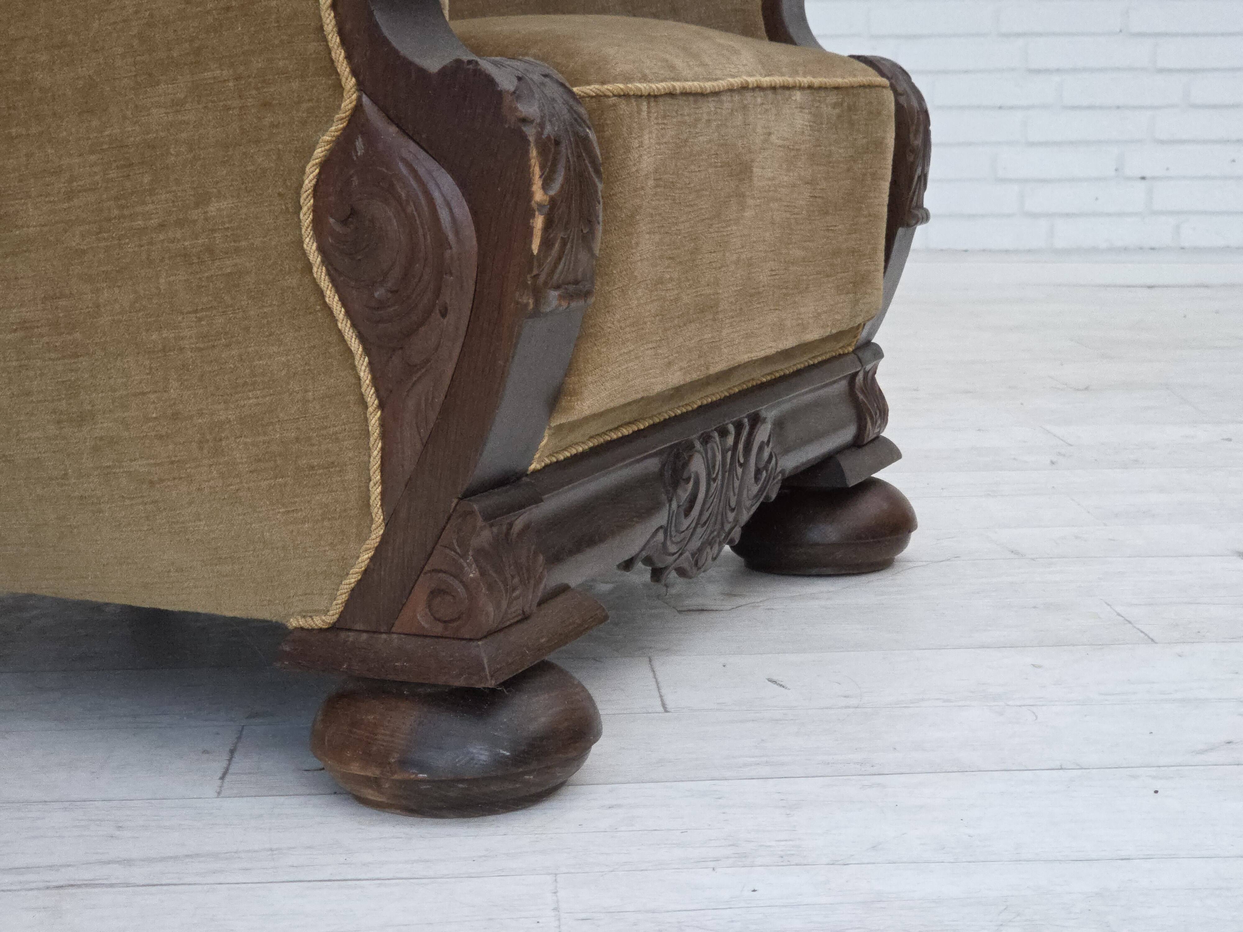 1960s, Danish relax chair, original green furniture velour, oak wood.