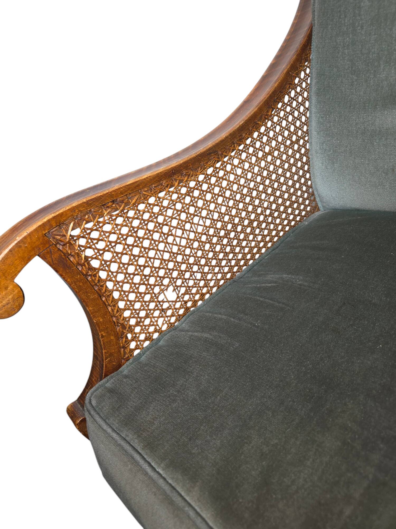 Fauteuil bergère style Régence en bois, tissu et cannage