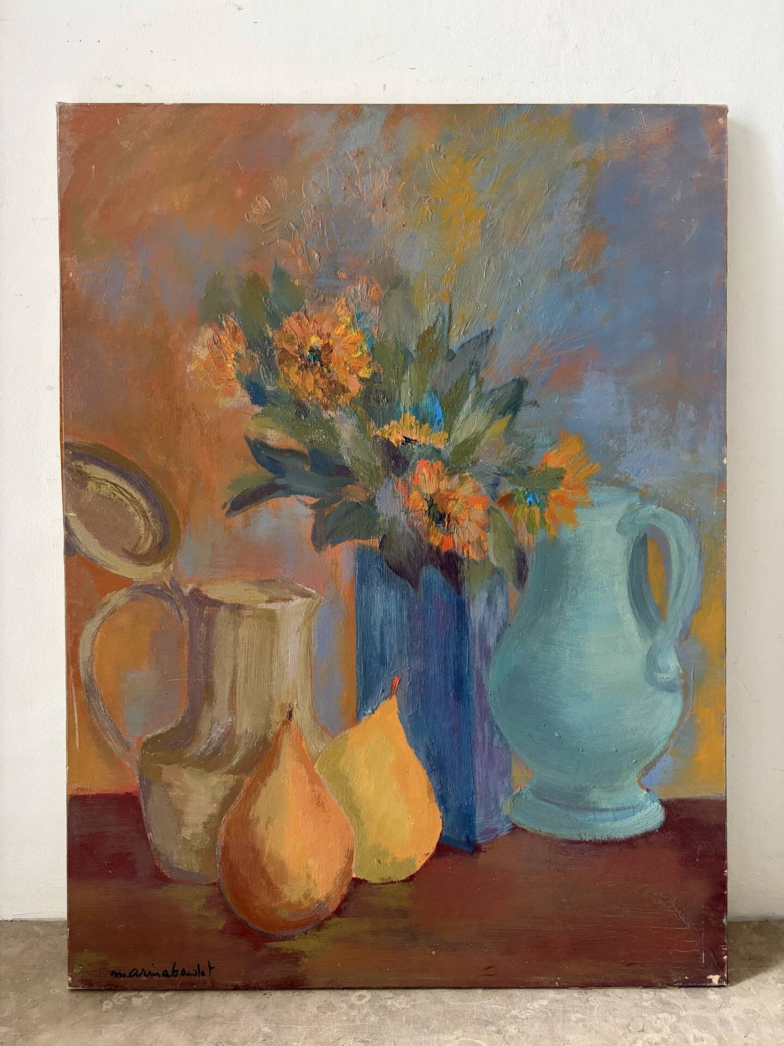 Still life with pears, oil on canvas signed Marina Gawlet.