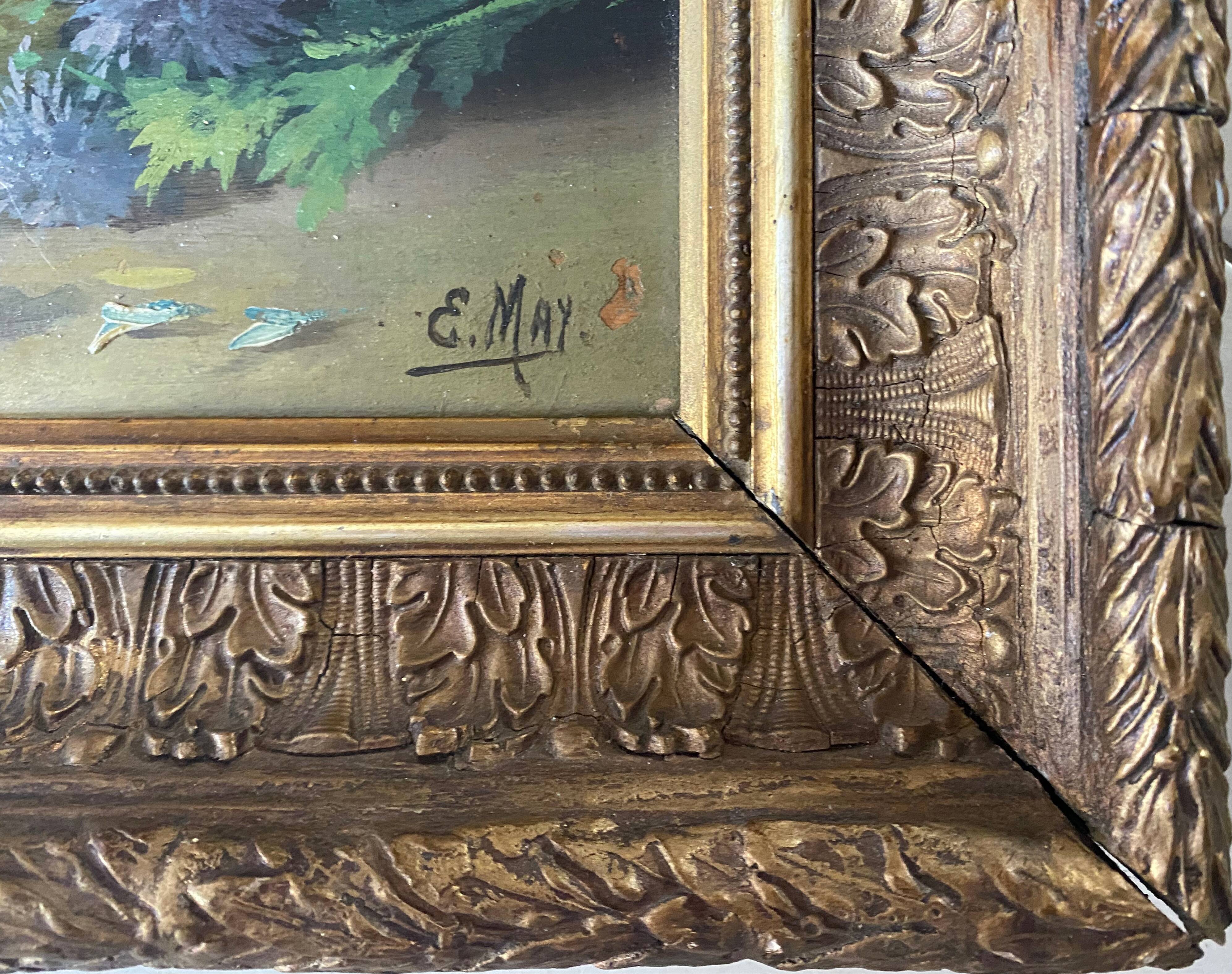 Nineteenth century painting HSP "Jetty of flowers" signed E. May + frame