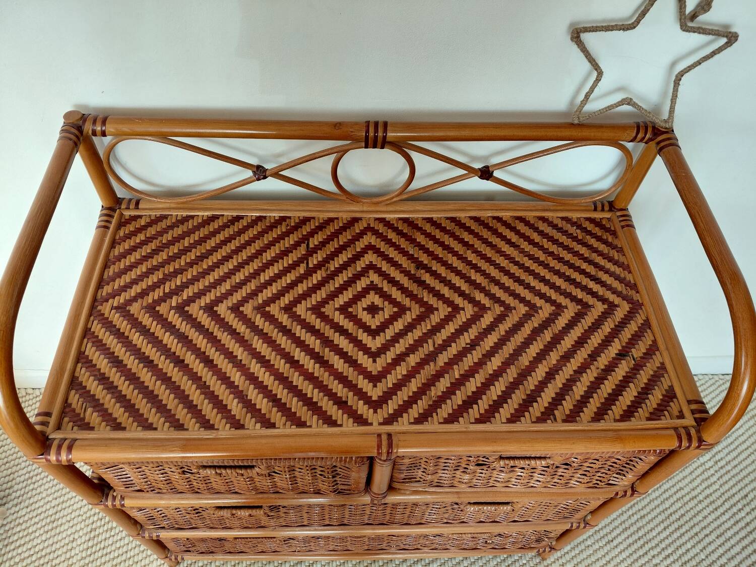 Commode vintage en rotin 4 tiroirs-esprit bohème-bord de mer