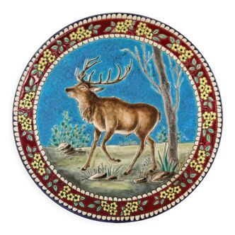 Longwy dish, deer, numbered, signed