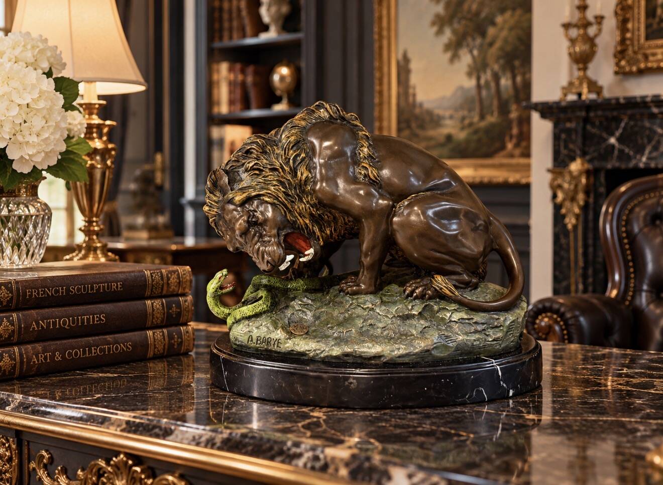 Antique Cold-Painted Bronze Lion Fighting a Snake, After Antoine-Louis Barye