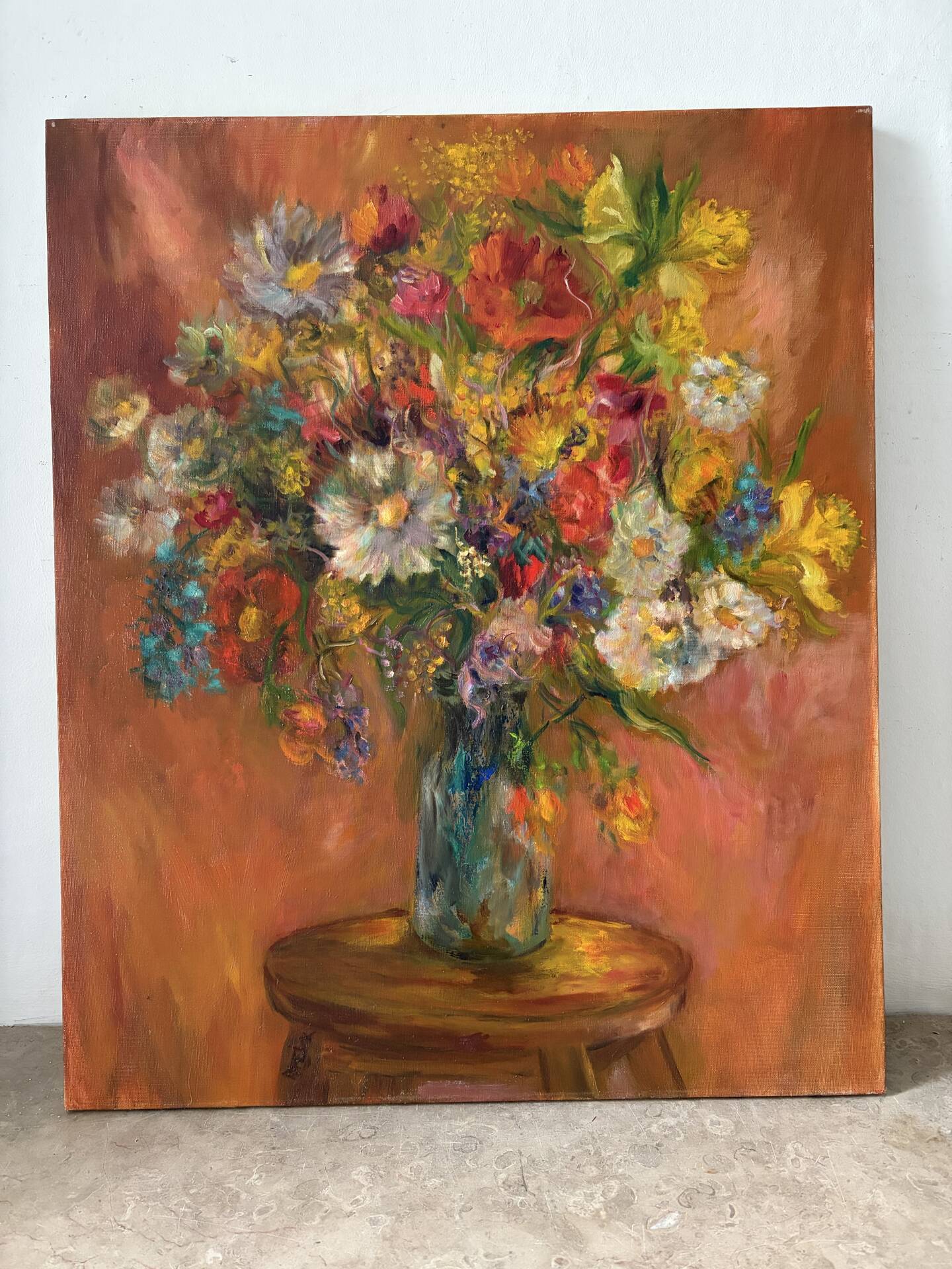 oil on canvas "Bouquet on orange background", signed