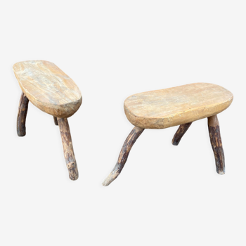 Pair of rustic 1940 brutalist wooden tripod farm stools vintage