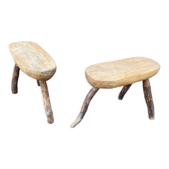 Pair of rustic 1940 brutalist wooden tripod farm stools vintage