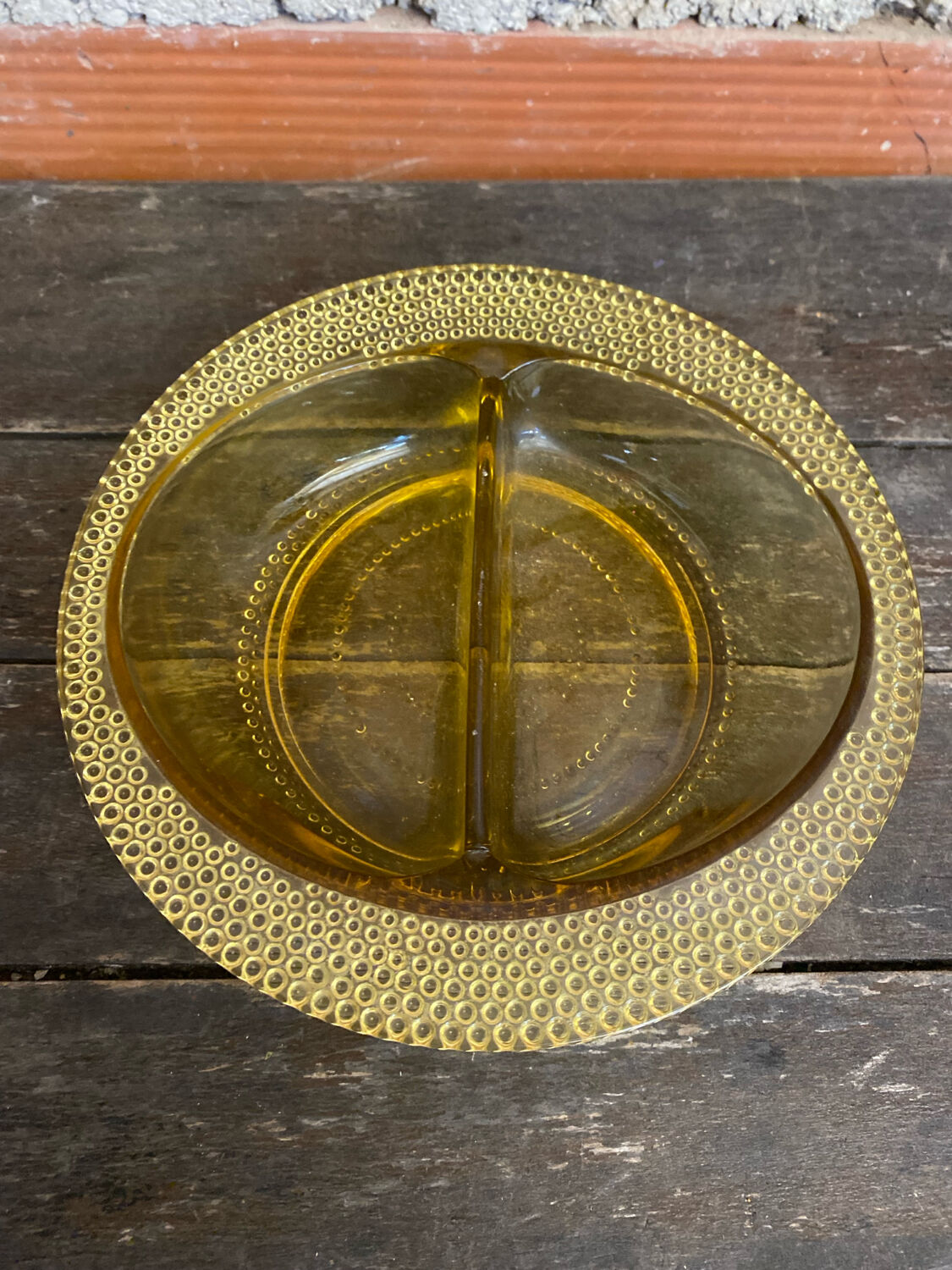 Bol Vide Poche Ancien Verre Moulé Jaune Ambré Rang De Perles Années 50