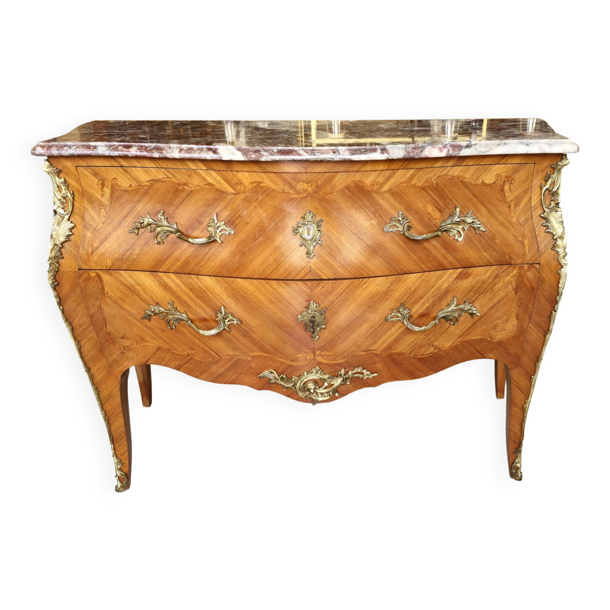 Commode Louis XV marqueterie et marbre