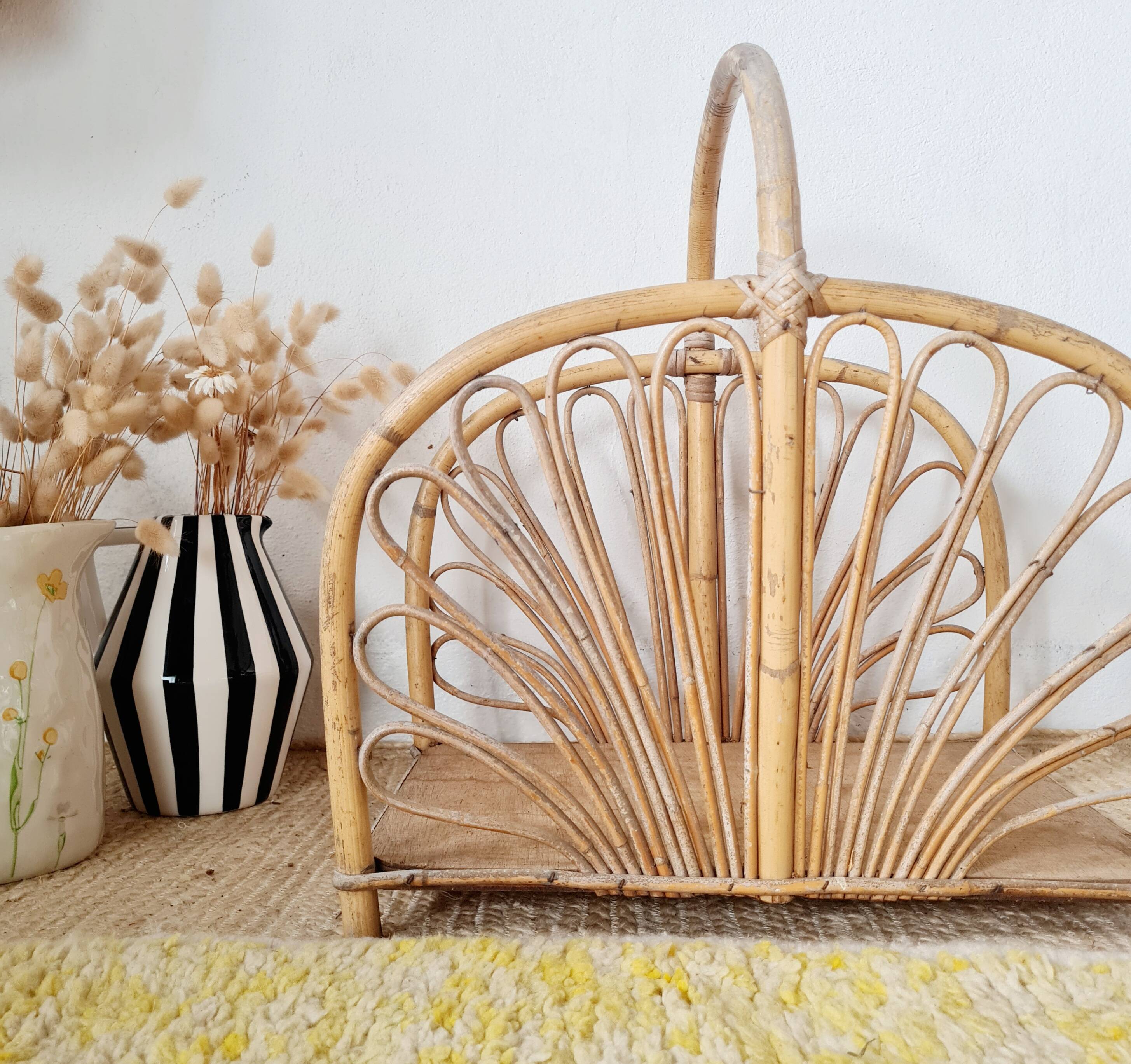 Magazine rack, vintage log holder in rattan