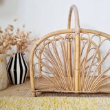Magazine rack, vintage log holder in rattan
