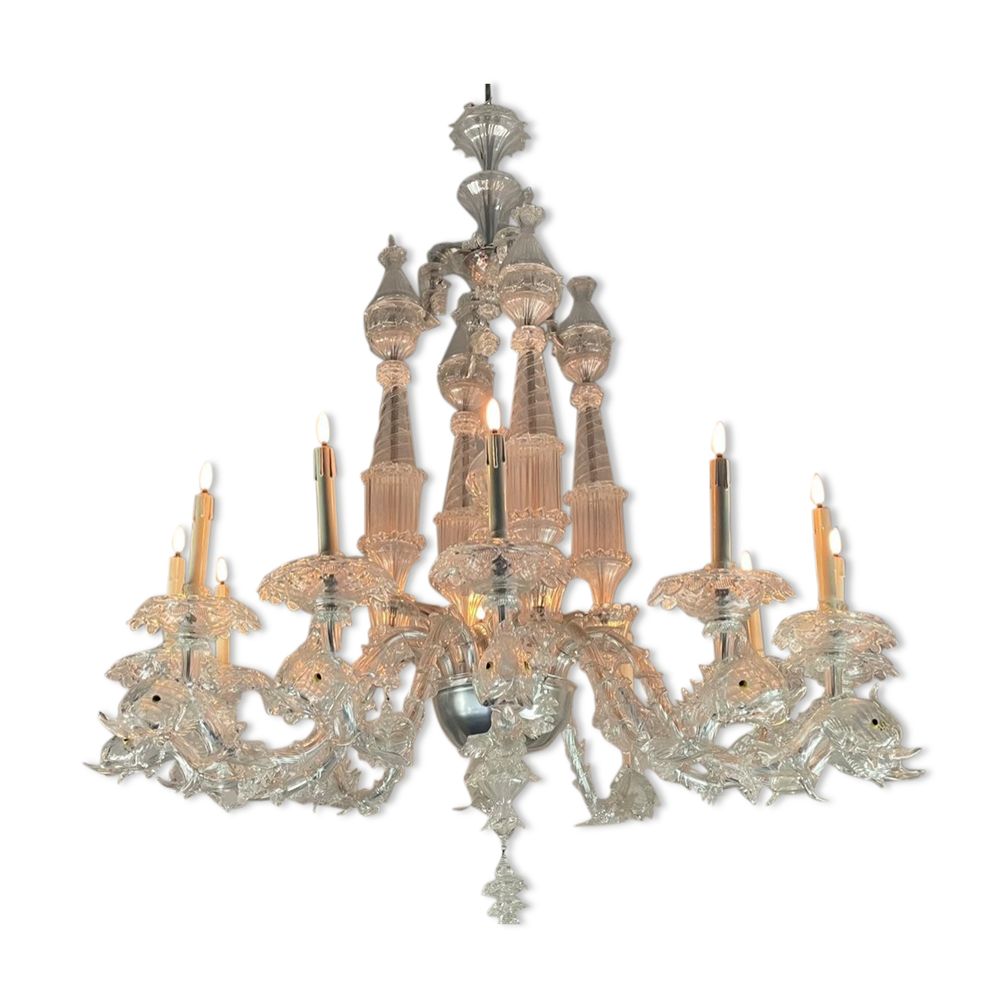 Venetian chandelier in transparent murano glass, 12 arms of light