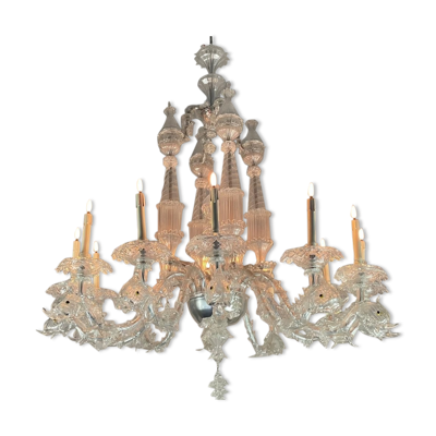 Lustre vénitien en verre de murano transparent, 12 bras de lumière