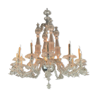 Venetian chandelier in transparent murano glass, 12 arms of light