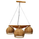 1970s Czechoslovakian rattan & pine pendant light, three-shade chandelier