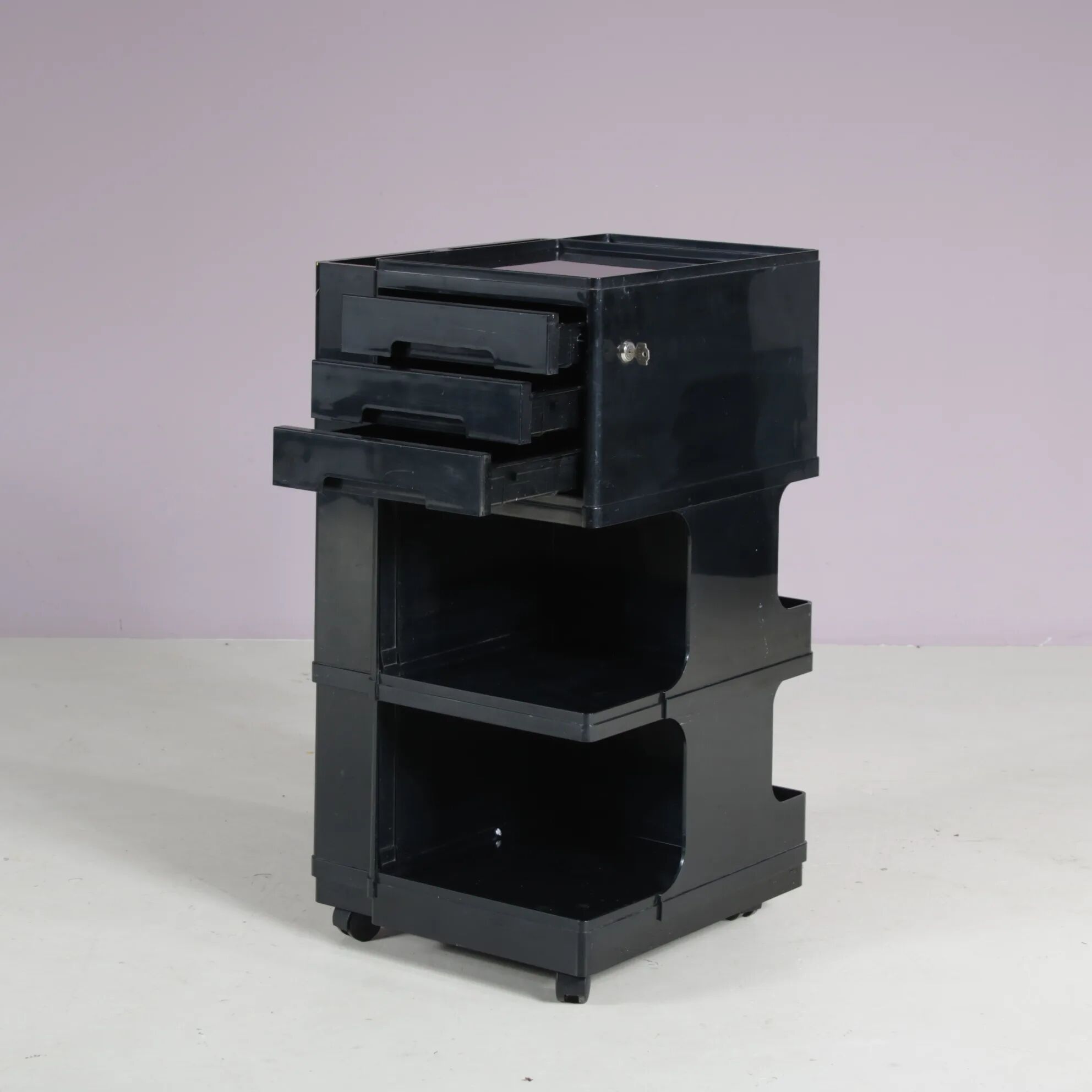 1970s black plastic trolley by Giovanni Pelis for Stile Neolt, Italy