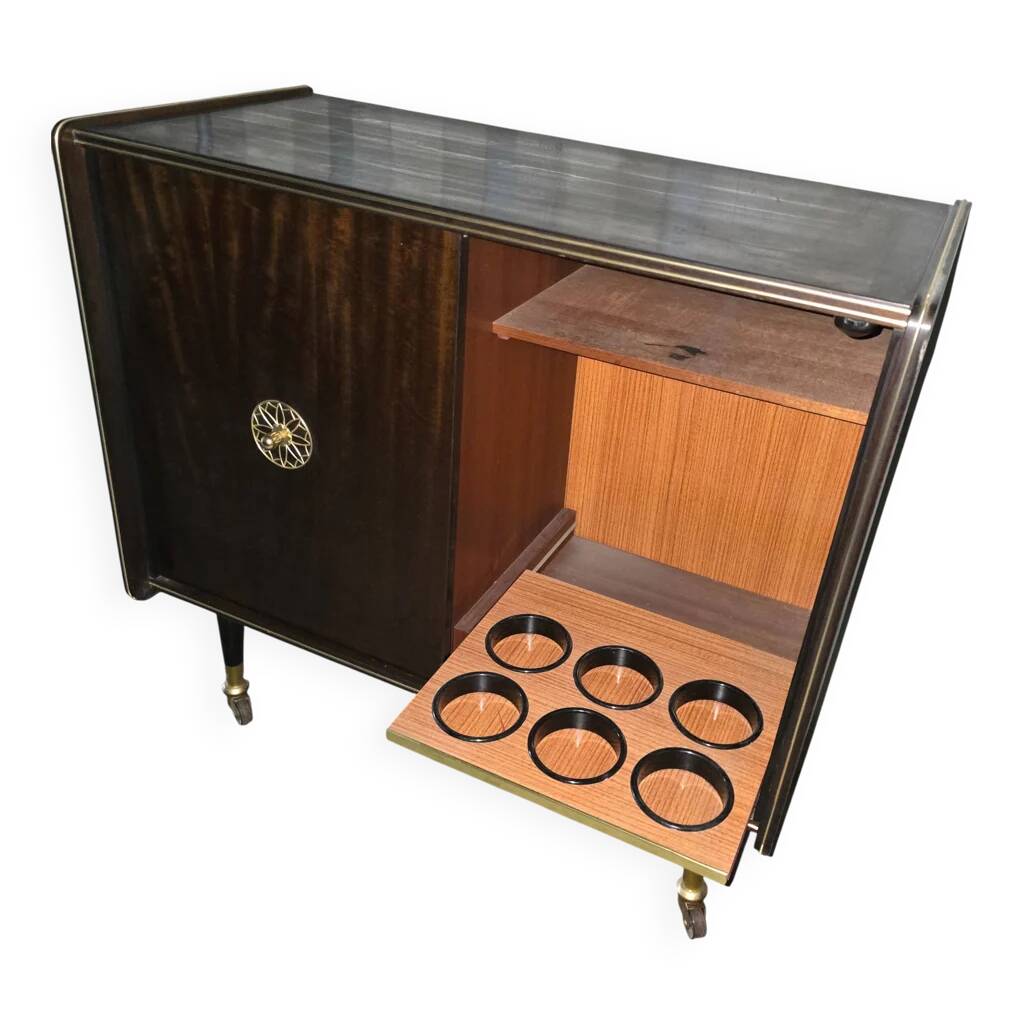 Vintage 50s-60s bar cabinet with tufted upholstery and lighting.