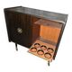 Vintage 50s-60s bar cabinet with tufted upholstery and lighting.