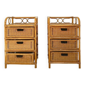 Set of 2 vintage rattan bedside tables/shelves