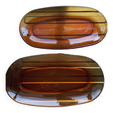 Duo of rectangular amber glass dish