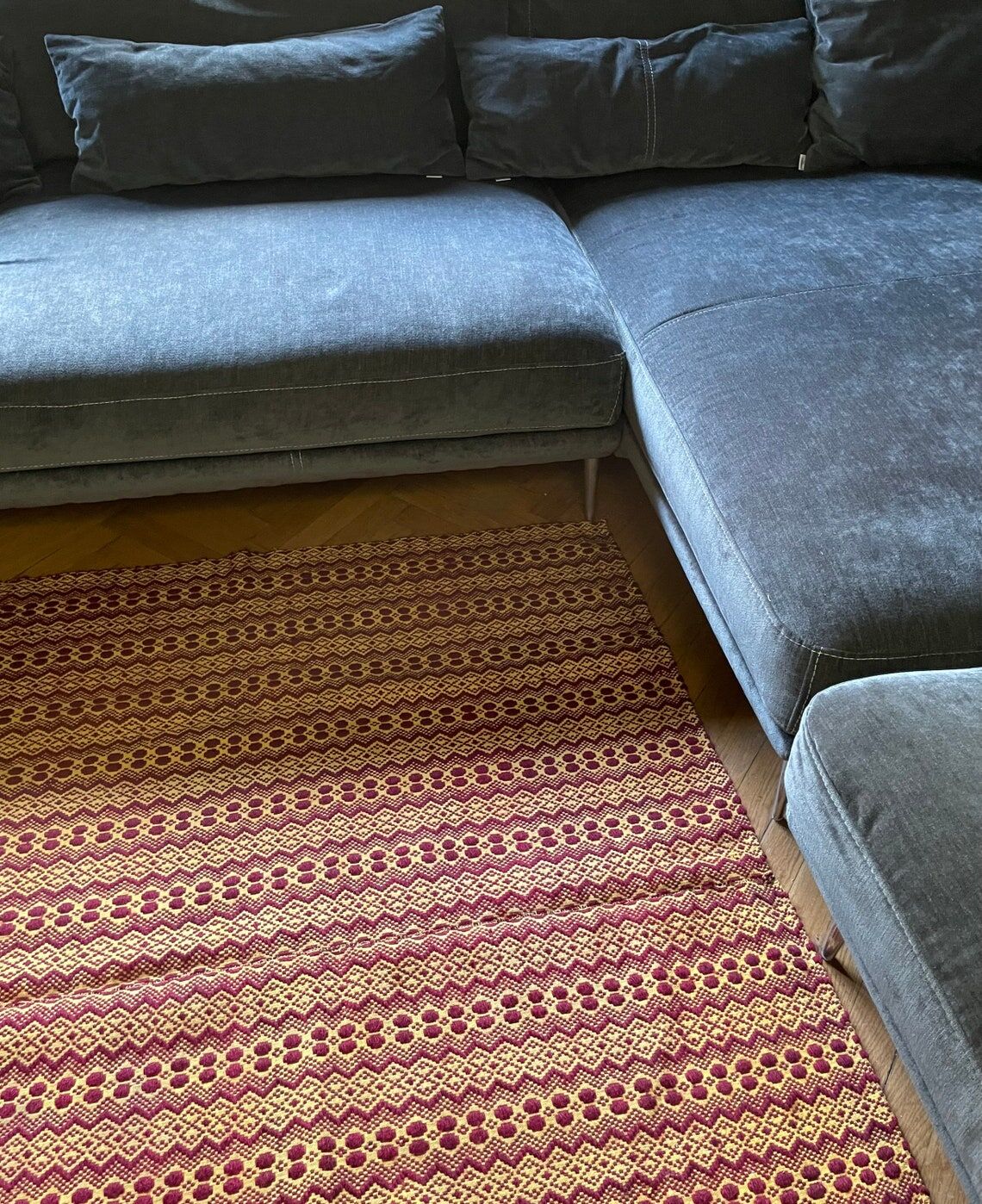 Vintage Romanian carpet brown design on yellow background 217x146cm