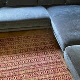 Vintage Romanian carpet brown design on yellow background 217x146cm