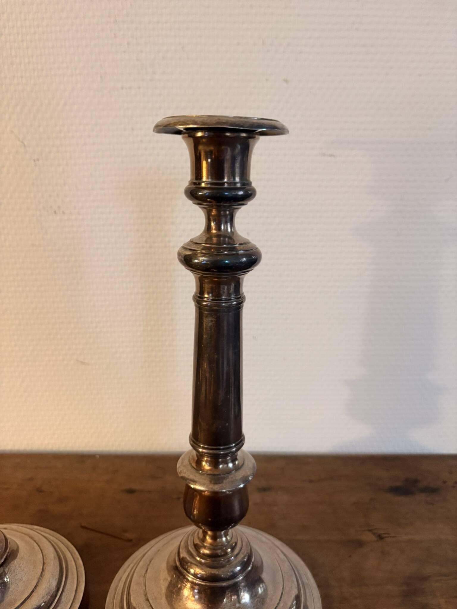 Pair of Silvered Metal Baluster Candle Holders in Louis XV Style, 19th Century Candelabra