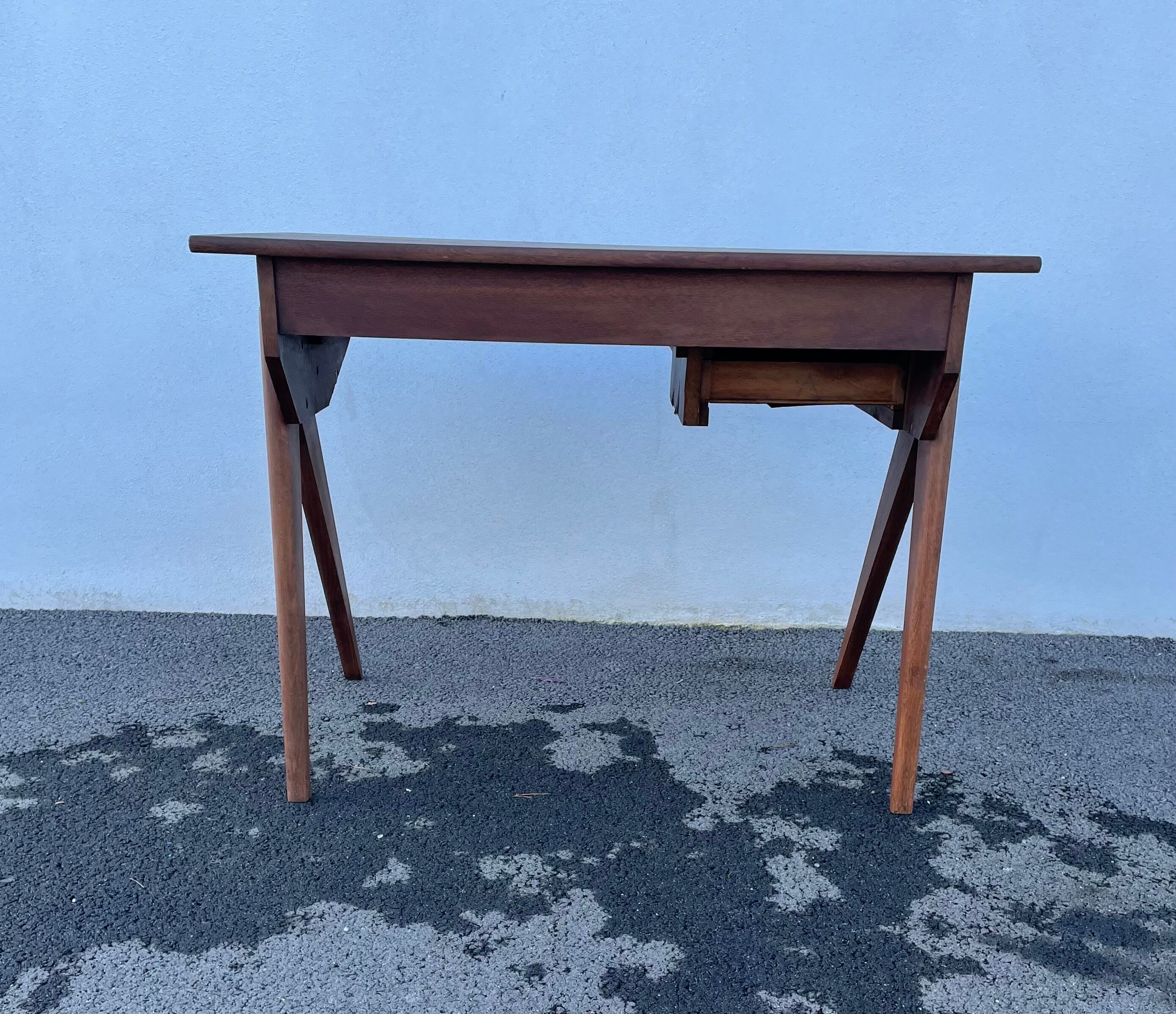 Modernist wooden desk with compass feet 1950