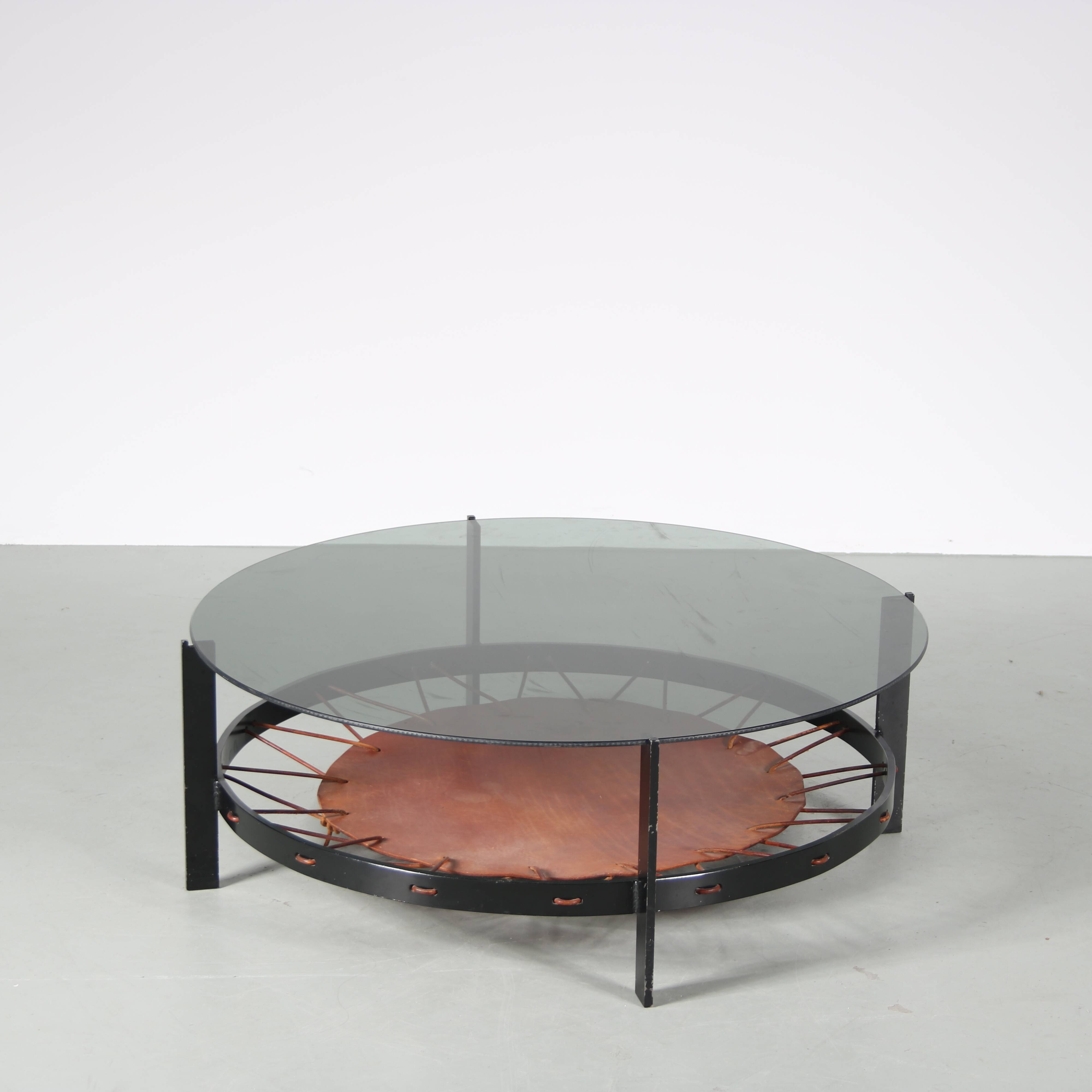 1950s dutch design coffee table with leather magazine rack