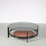 1950s dutch design coffee table with leather magazine rack