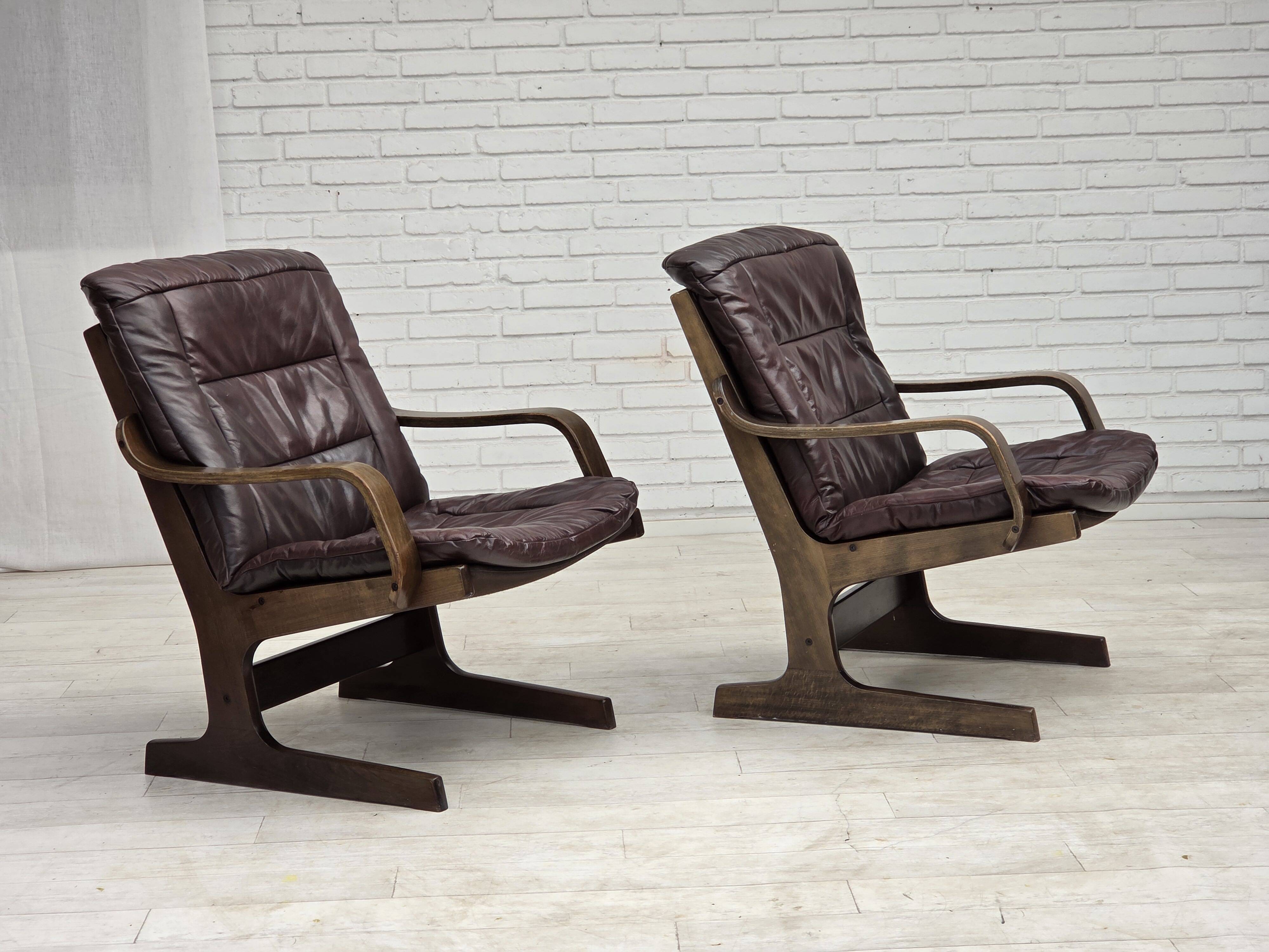 Fauteuil scandinave en cuir marron, années 1970