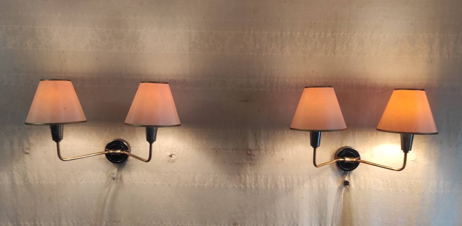 Double light wall sconces in gilded brass and gun barrel - 1950s/60s