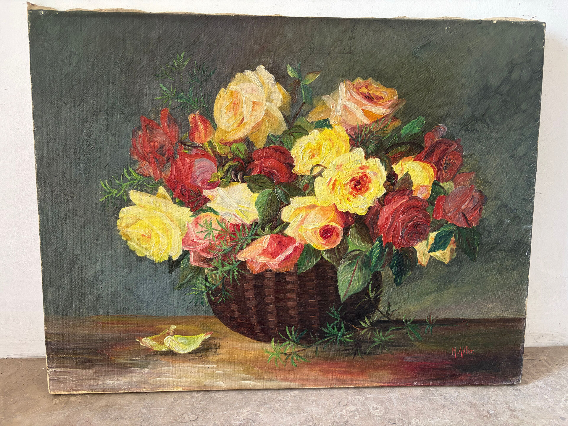 Basket of roses, oil on canvas signed