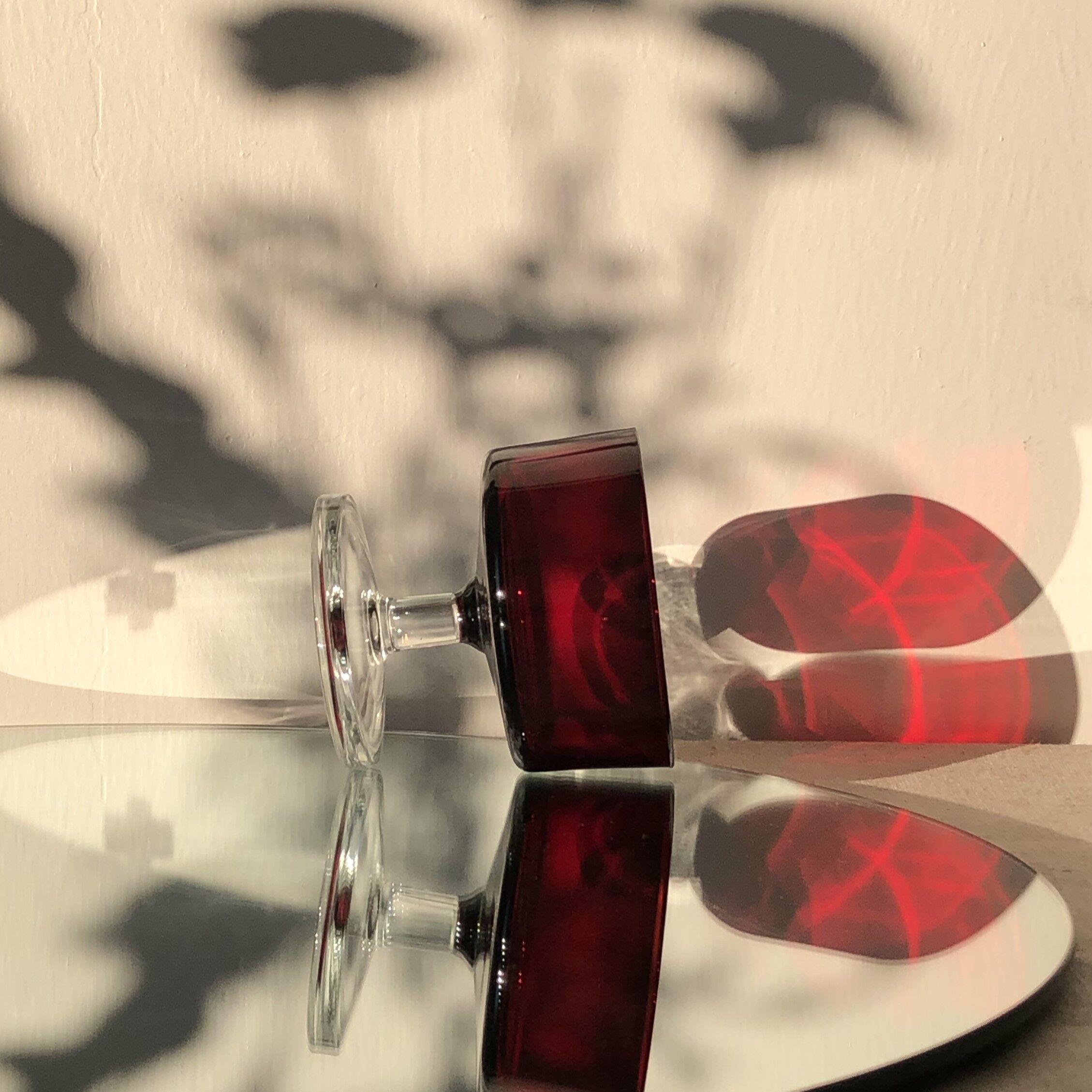 Translucent red champagne or dessert glasses, model Cavalier Luminarc 70s'.