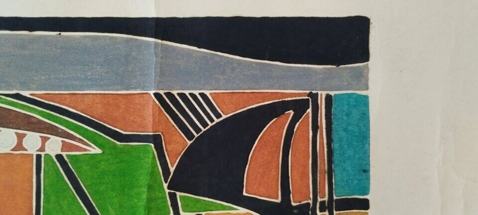 Gouache on paper signed mid-20th century boats port 1959