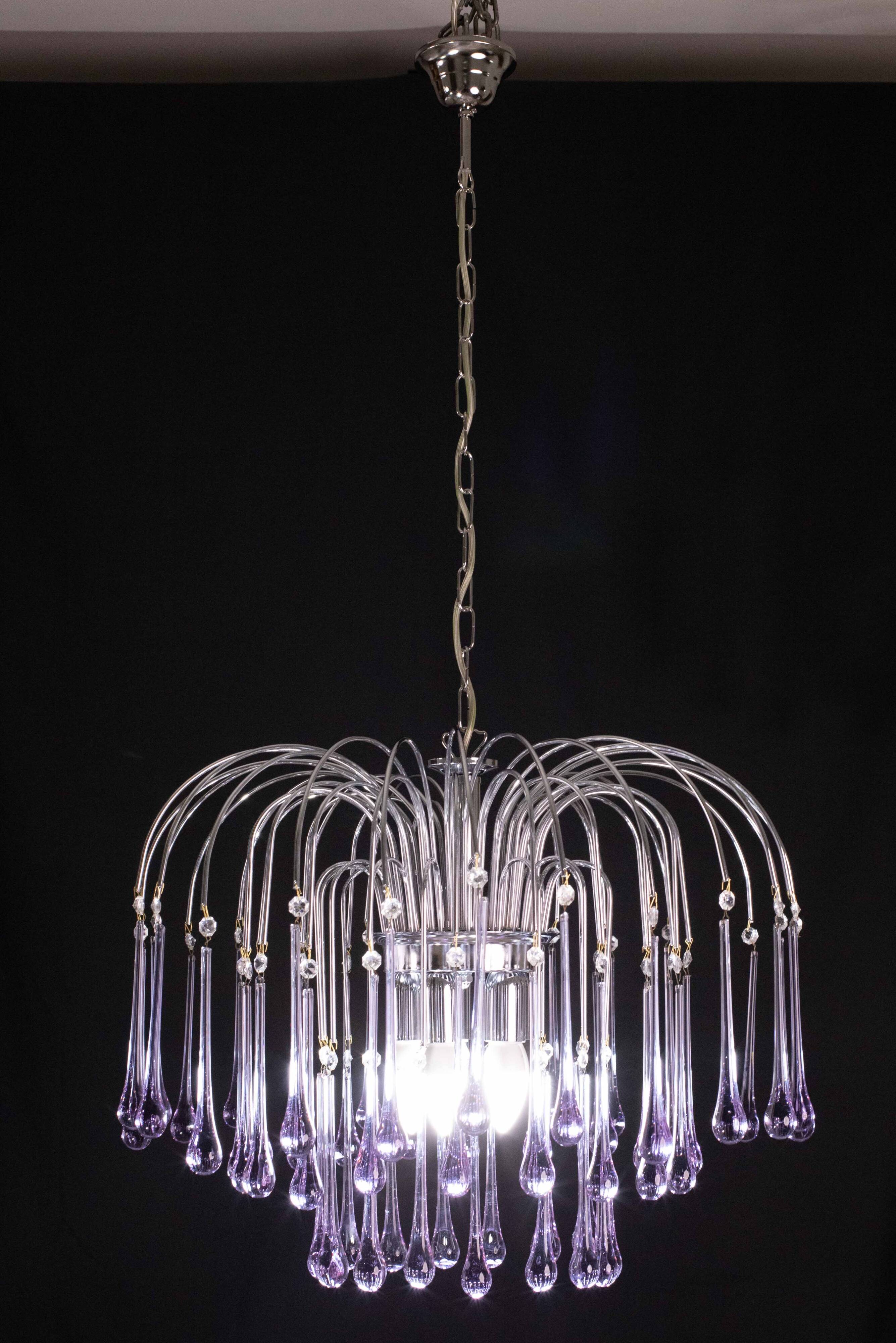 The Purple Crown, LArge Size Murano Chandelier Purple and Crystal Drops, 19