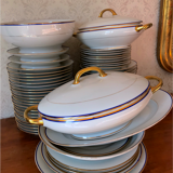 table service art deco limoges porcelain white border blue and gold 61 pieces signed