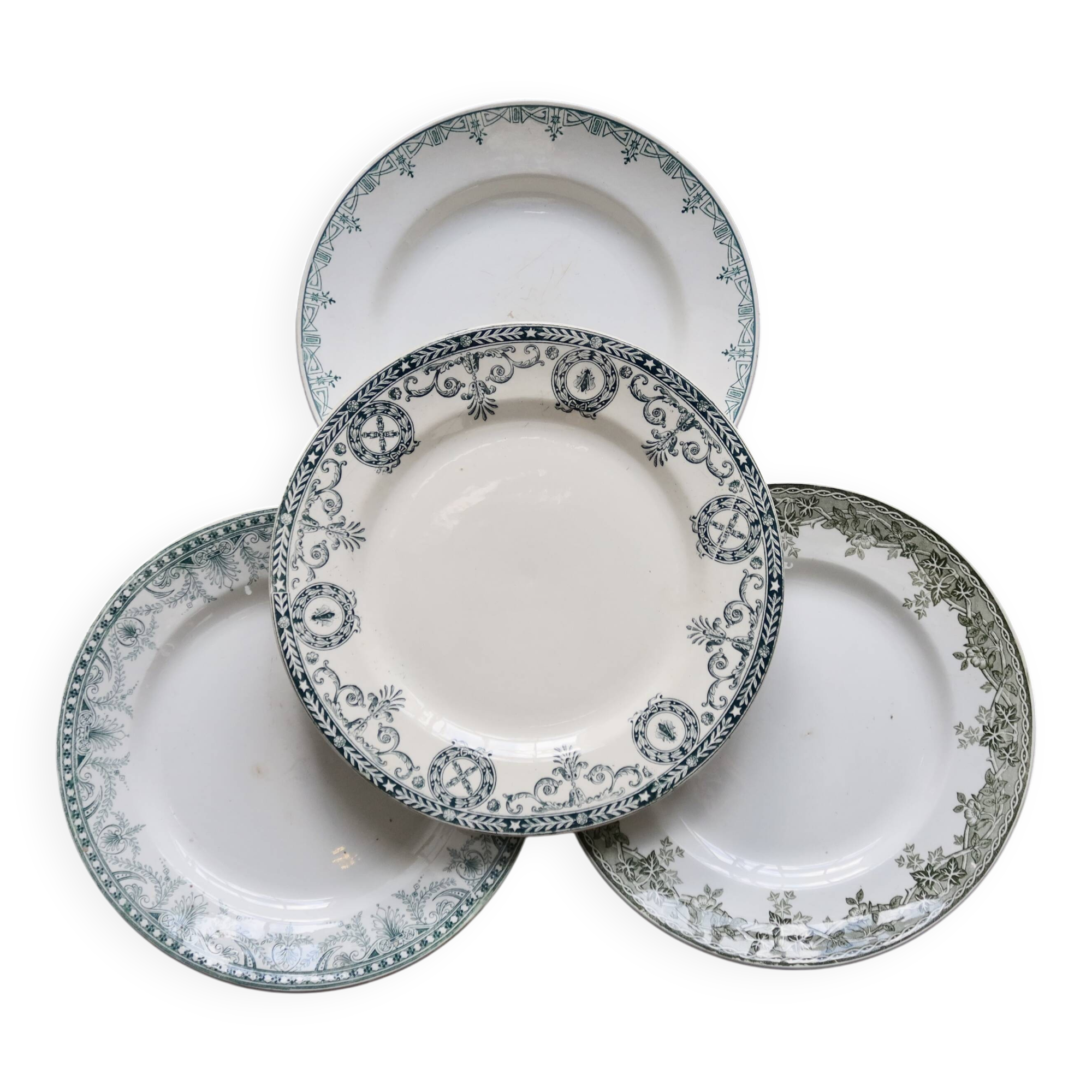 Mismatched vintage ironstone dinner plates - Green decor