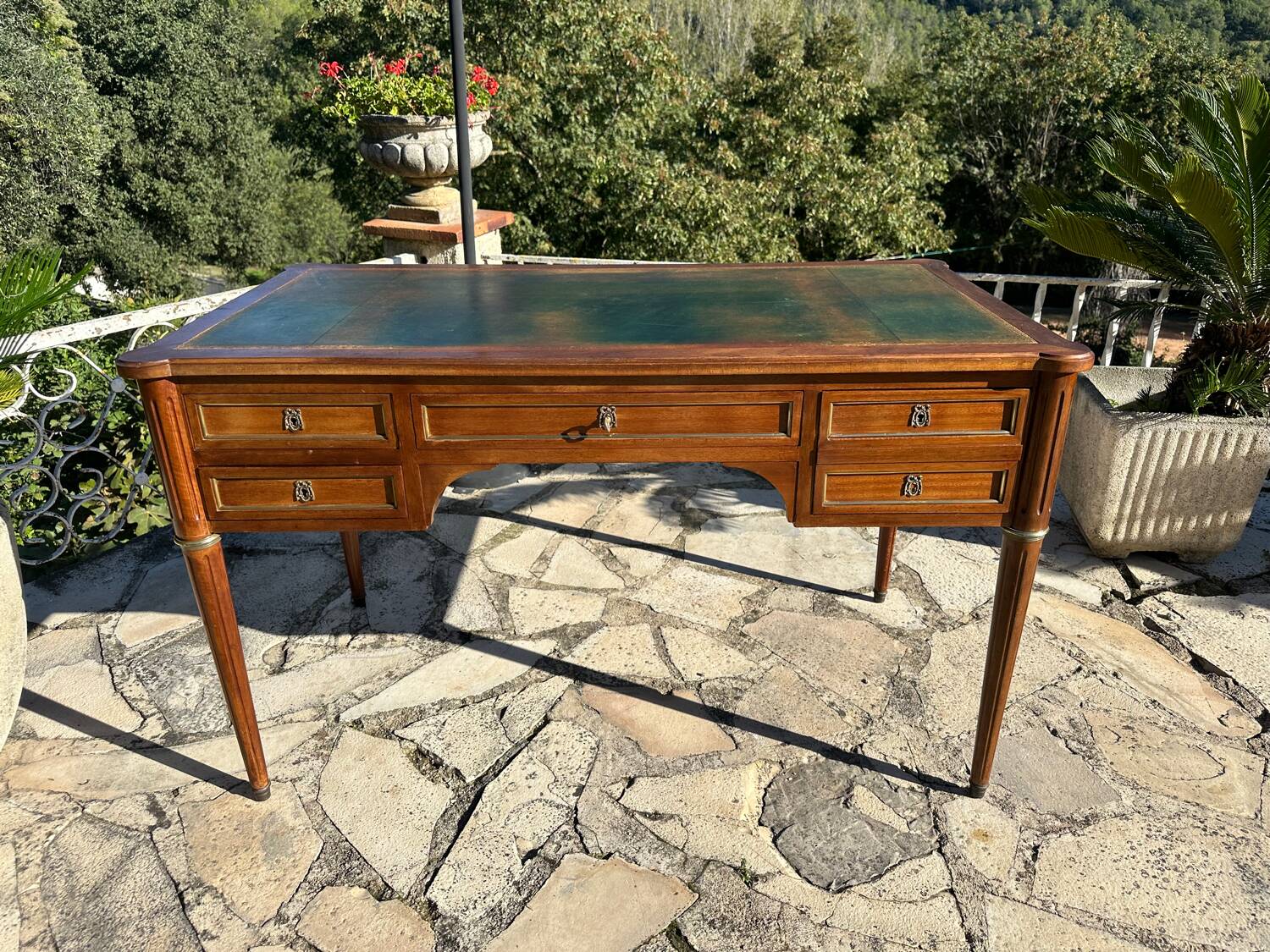 Louis XVI style solid mahogany and bronze flat desk, 19th century