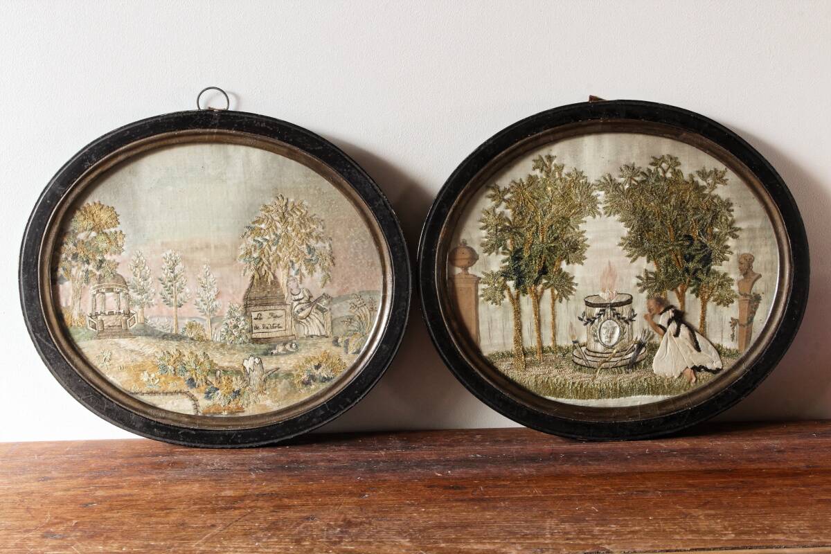 Pair of embroidered silks, needle painting, circa 1800